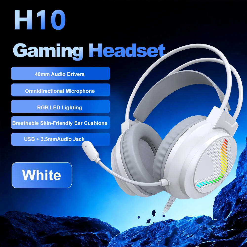 H10 유선 게이밍 헤드셋 오버이어 헤드폰(마이크 포함) 50mm 드라이버 3.5mm USB 소음 차단(PC 노트북용)