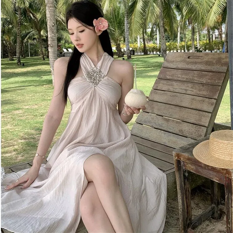 Sexy Beads Halter Holiday Beach Party Dress New Summer Fashion Off Spalla Abito Irregolare Senza Maniche Seaside Tea Length Dress