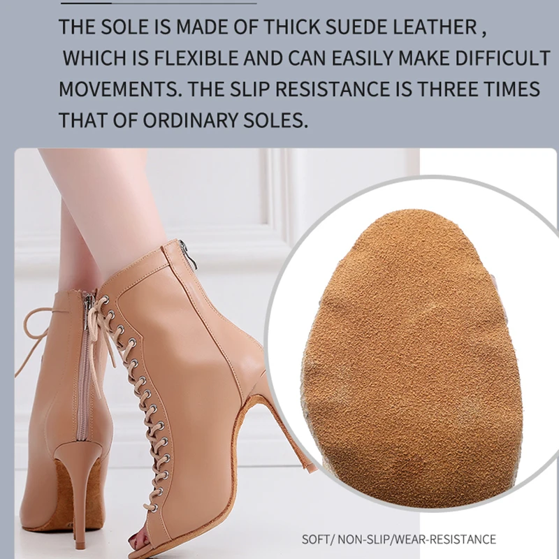 Woman Beige Black Latin Dance Booties Women Open Toe Lace Up Stiletto Bootie for Girls Suede Sole High Heel Dance Boots Shoes 3