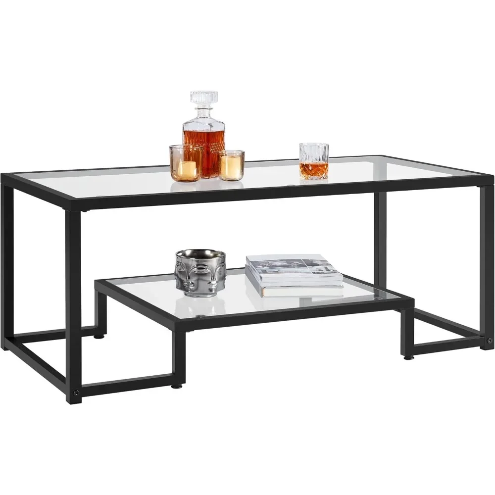 Coffee Table, Tempered Glass Coffee Table, Modern Simple Center Tables w/Geometric-Inspired Design & Metal-Frame & Easy Assembl