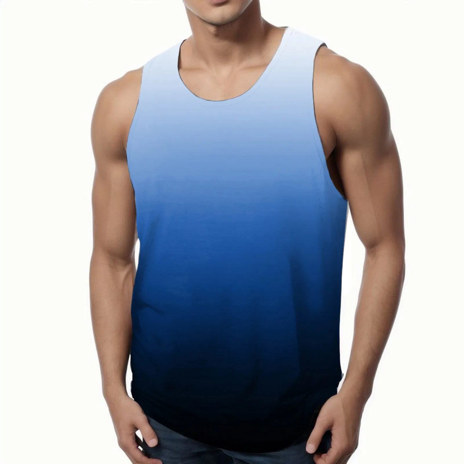 

Summer Sports Vest For Men Stylish Gradient Color Contrast Tank Tops Vintage Crewneck Sleeveless Vest T-Shirt Leisure Sportswear