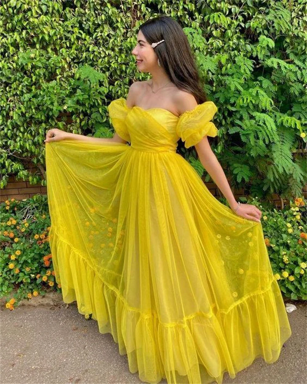 

Cathy Sweet A-line Yellow Prom Dress 2023 Fairy Short Puffy Sleeve فساتين السهرة Tulle Floor Lenght Vestidos De Noche