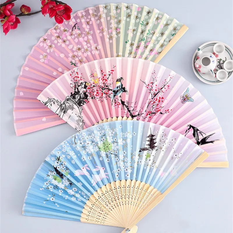 Vintage Style Silk Folding Fan Chinese Japanese Pattern Art Craft Gift Home Decoration Ornaments Dance Hand Fan