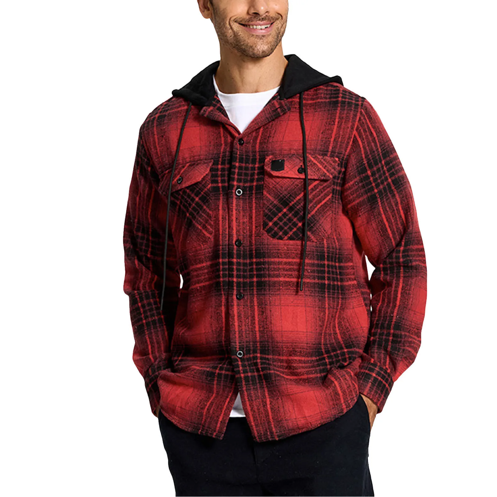 

Men Hooded Drawstring Shirt Plaid Print Double Pocket Long Sleeve Tunic Autumn Winter Flannel Warm Coat Casual Daily Clothing