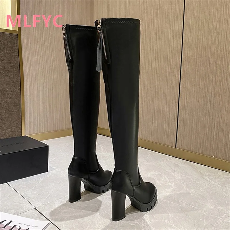 2023 Autumn/Winter New Over Knee Boots Women's Fashion High Heel Back Zipper Black Warm Round Head Boots Knee High Boots