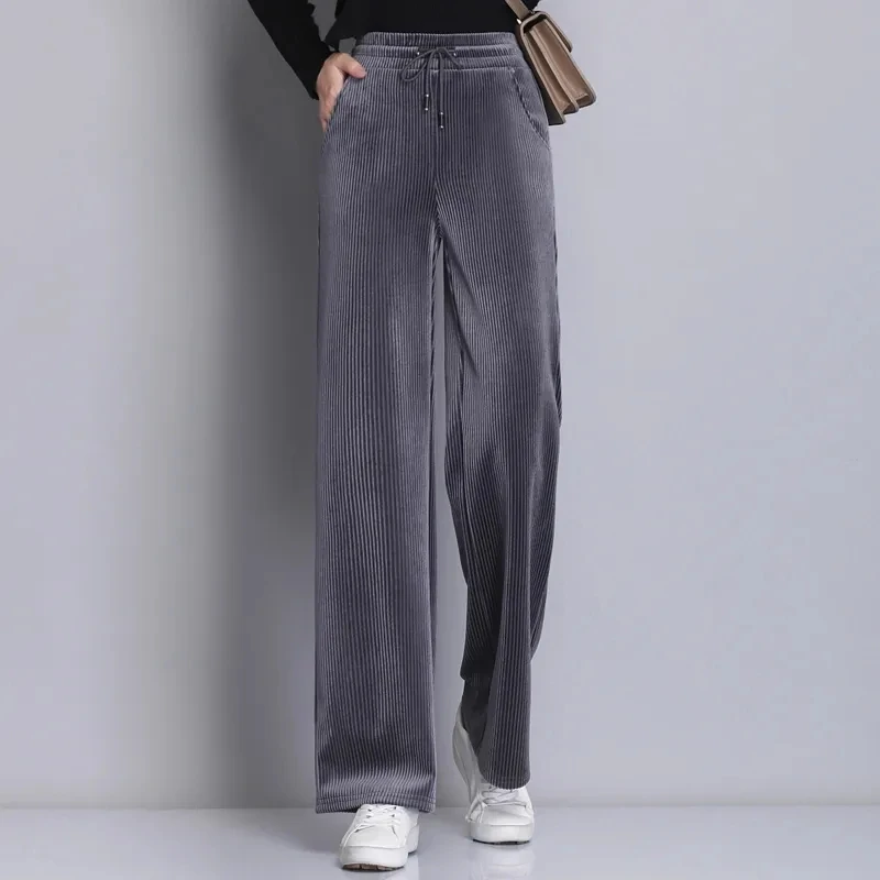 2023 Corduroy Baggy Pants Women Autumn Winter New Arrival Wide Leg Pants Elastic Waist Straight Trousers Solid Casual Pantalones