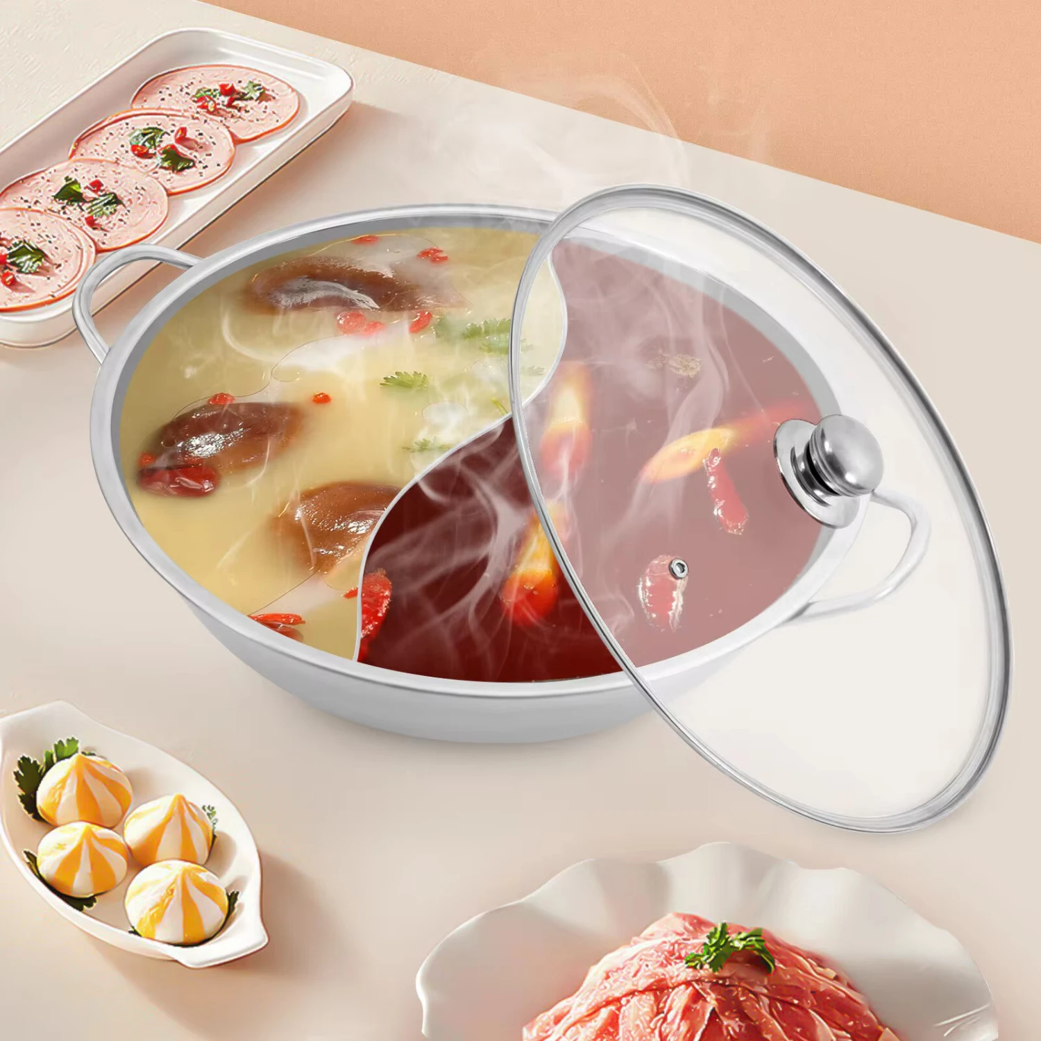 34cm Hot Pot W/ Divider Shabu Shabu Pot & Glass Lid Stainless Steel Hot