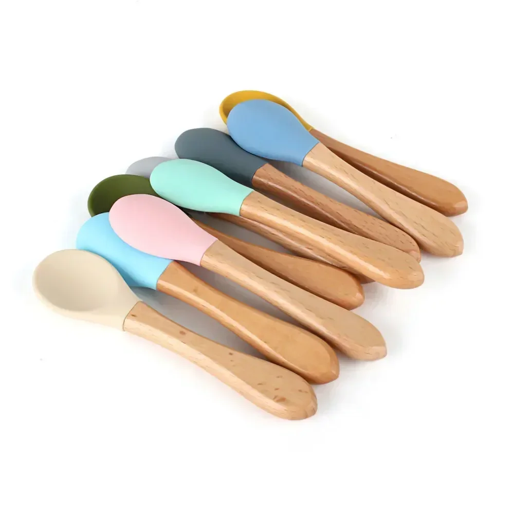 Baby 2pcs Silicone Fork Spoon Baby Beech Wood Feeding Spoon Toddlers Infant Feeding Accessories BPA Free Baby Feeding Tableware 4