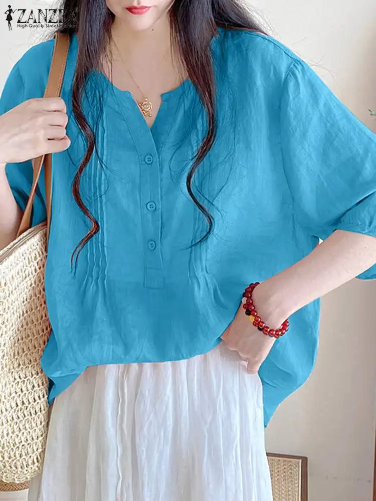 

Летняя рубашка ZANZEA 3/4 с пышными рукавами 2024, топы, Женские однотонные плиссированные корейские модные блузки, хлопковые повседневные свободные блузки с круглым вырезом для женщин