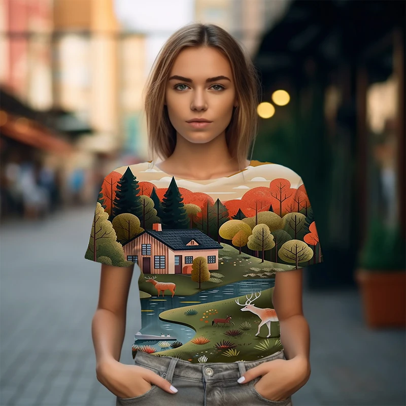 

Женская футболка с 3D-принтом в виде пейзажа, футболка большого размера в стиле Харадзюку, свободная одежда, летняя новая футболка, футболка для офиса и отдыха