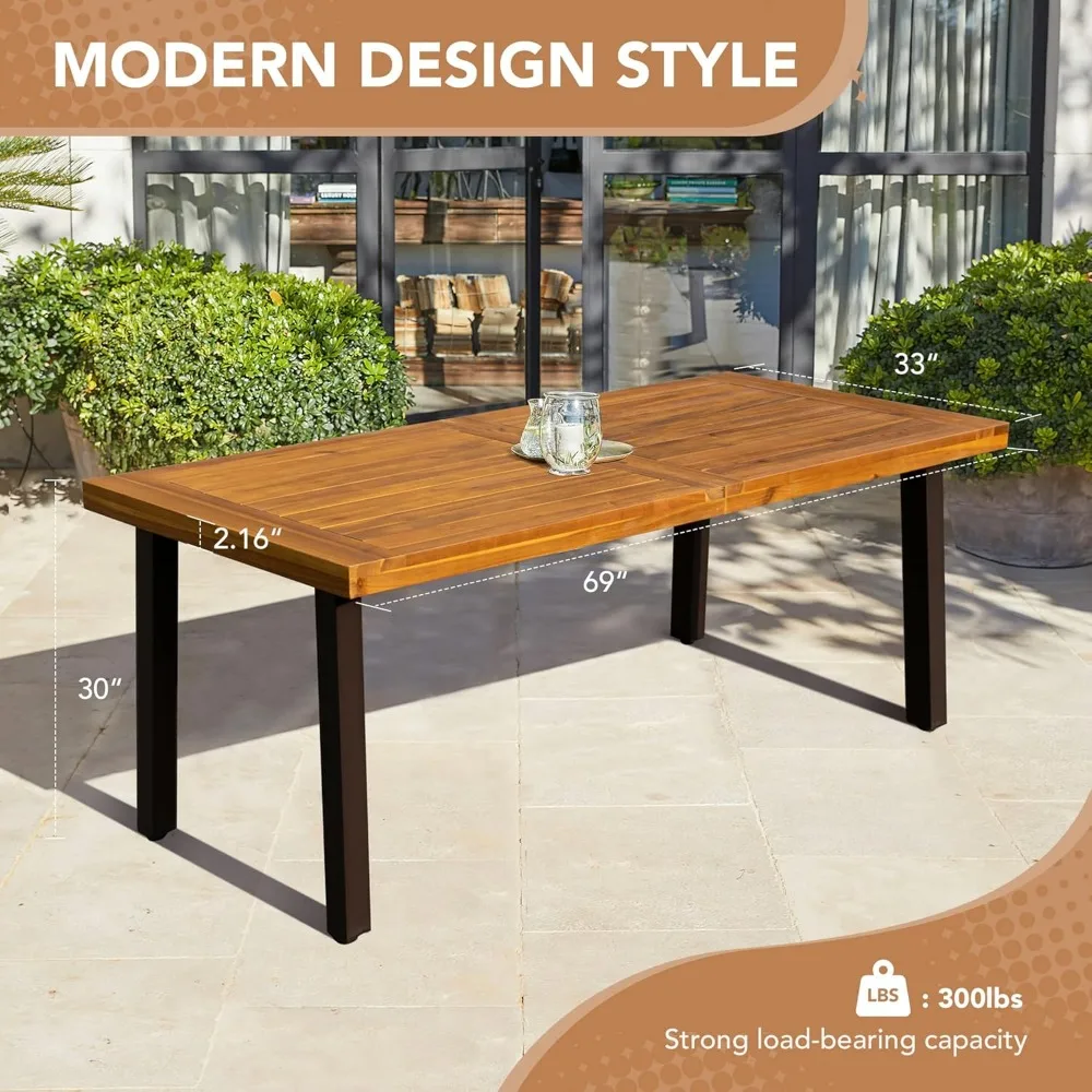 Home Acacia Wood Dining Table 6-Person Indoor Outdoor Table with Iron Legs, Sandblast Finish, Natural Stained, Rustic Met 3