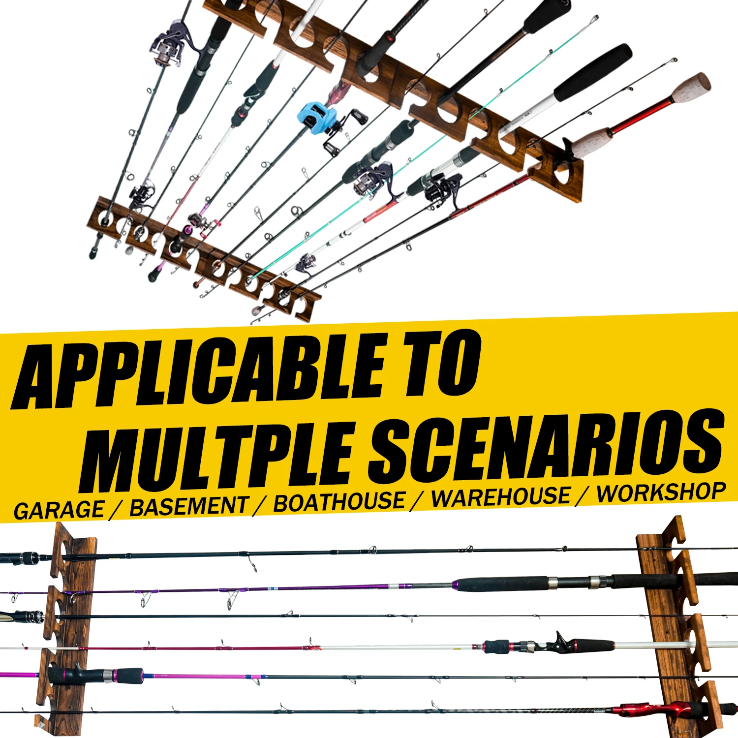 SAMOLLA 2set 12 Rod Capacity Fishing Rod Rack Anti Corrosion Solid Wood Fishing Gear Pole Racks Wall