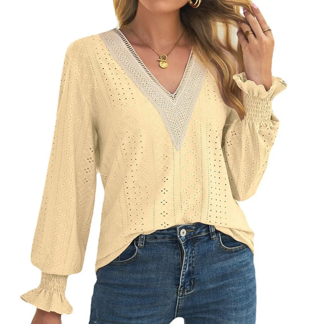 Women's Monochromatic Lace V-Neck Long Sleeved T-shirt, Casual Top, Autumn and Winter