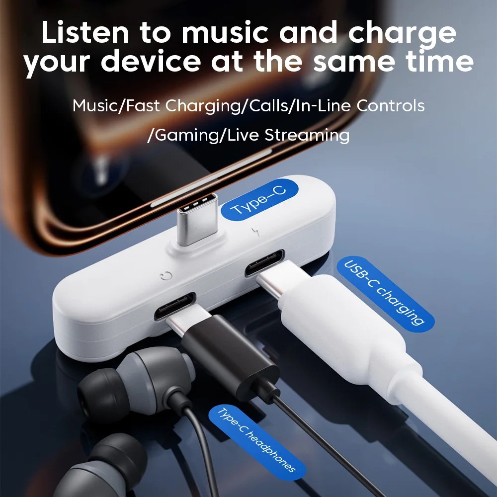2-in-1 USB C 헤드폰 어댑터 (폰 거치대 포함) 타입 C OTG 커넥터 (아이폰 17, 16, 15/삼성용 고속 충전 및 오디오 지원)
