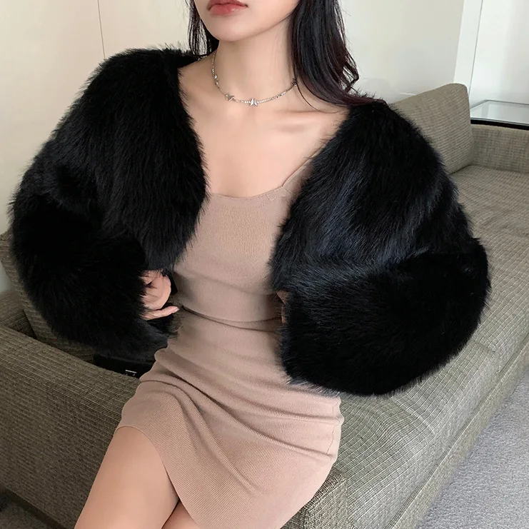 bright-black-personality-spicy-girl-ultra-short-sexy-high-waisted-jacket-faux-fur-women's-clothing