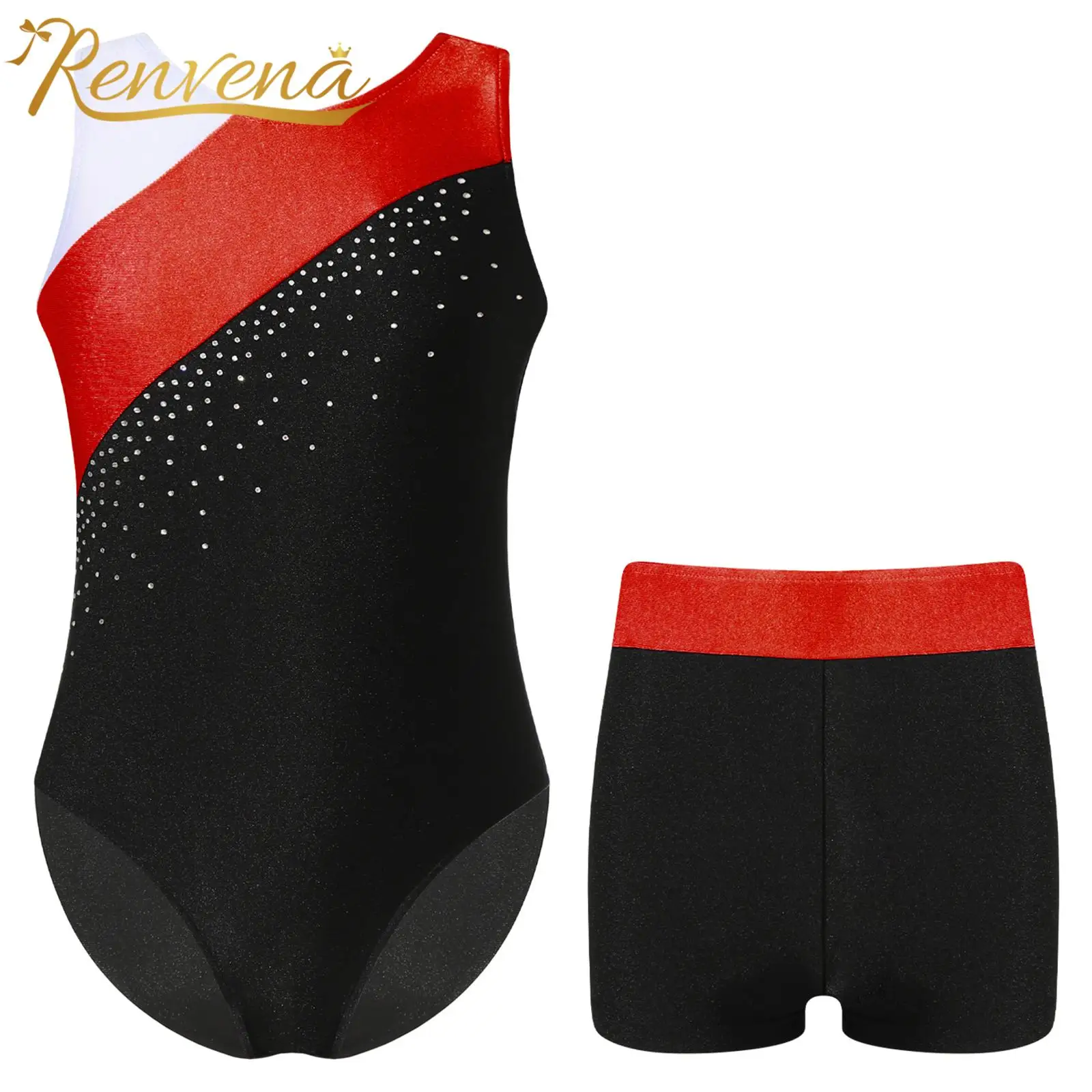 

Kids Girls Ballet Dance Clothes Set Sleeveless Contrast Color Skating Leotards with Shorts Gym Suit Teens Gymnastics Outfit