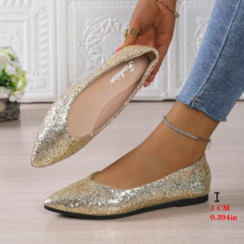 Women's Pointed Toe Flat Ballet Shoes Classic Fashion Sequined Casual Comfortable Autumn New 2025 Zapatos De Mujer