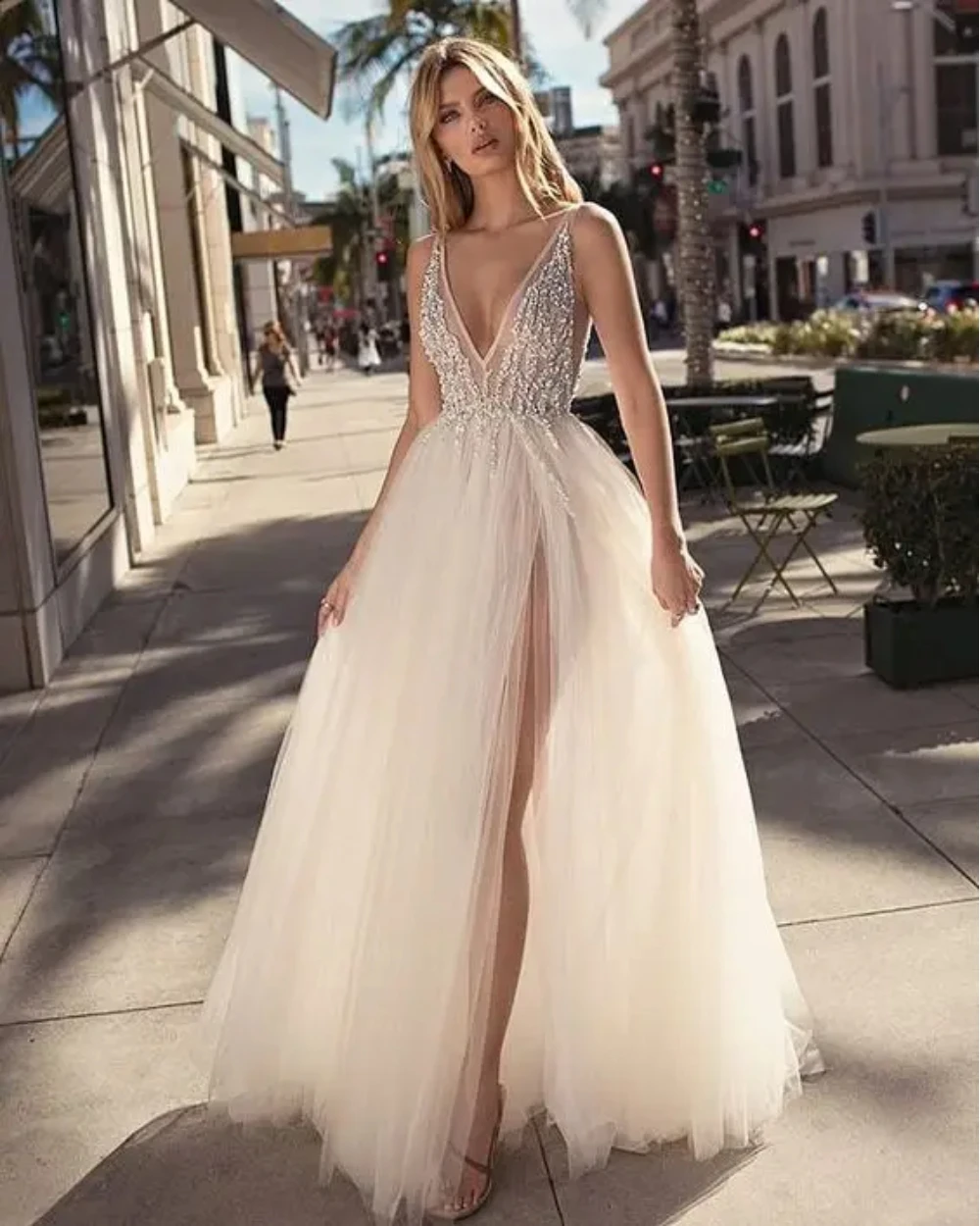 

Simple A-line deep V-neck Glitter Glitter piece backless tulle side slit beach Garden beach wedding bridal custom wedding dress