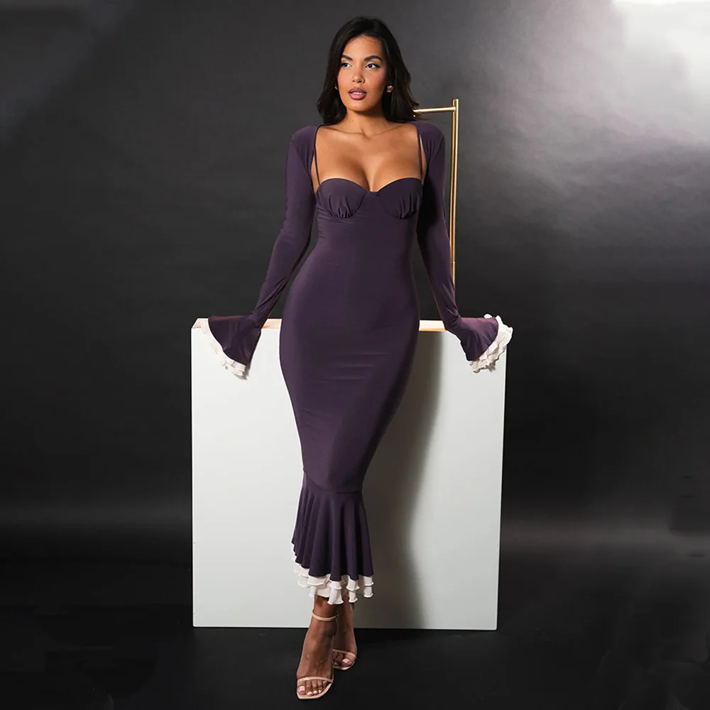 Elegant Long Flared Sleeve Elastic Tight Women Two-piece Set Autumn/Winter New 2025 Sexy Party Club Evening Dress