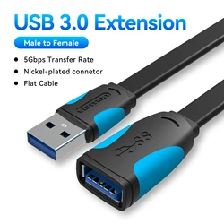 High-Speed USB Extension Cable - Male to Female Data Cord for Smart TV, PC, and SSD (USB 3.0 Flat 5Gbps)