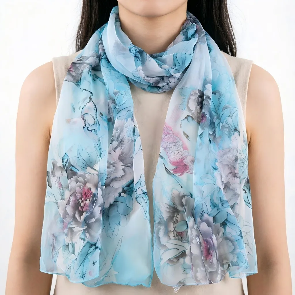 160x50cm Chiffon-Seidenschal für Damen mit Blumenmuster, Leichter Georgette-Schal für den Sommer, Eleganter Halstuch, Strand-Überwurf – Detail 11