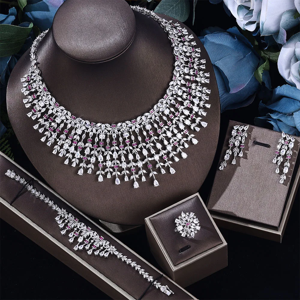 2023 New Cubic Zirconia Crystal 4-Piece Set Dubai Necklace Set Suitable for Bridal Wedding Jewelry Set 1