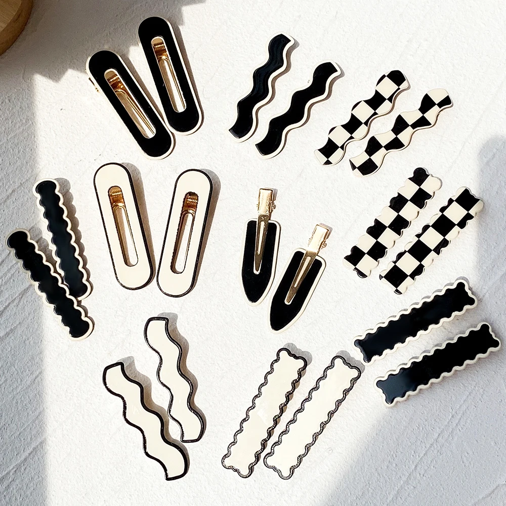 2Pcs set Women Elegant Black White Checkerboard Geometric Hairpin Sweet 