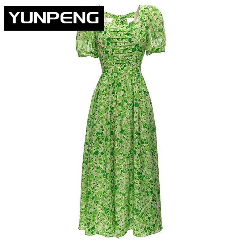 

Summer Fashion Designer Vintage Floral Print Dress Women's Square Collar Ruched Frenulum High Elastic Waist Midi Dress