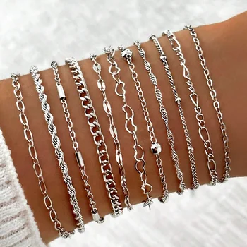 11 Pcs Vintage Twist Chain Bracelets Sets for Women Boho Punk Silver Gold Color Adjustable Cuban Link Bracelet Fashion Jewelry