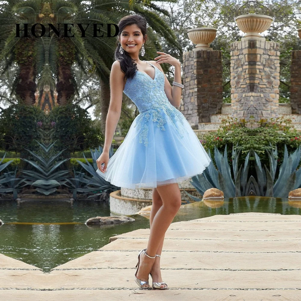 

HONEYED 2023 Dress Sky Blue Prom V Neck Formal Fashion Evening Gowns vestidos de graduación cocktail dresses sukienki wizytowe