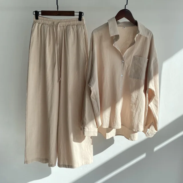 Conjuntos de 2 piezas para mujer 2026, camisa retro de color liso de algodón y lino + pantalones holgados de cintura alta, conjuntos de ropa para mujer 4