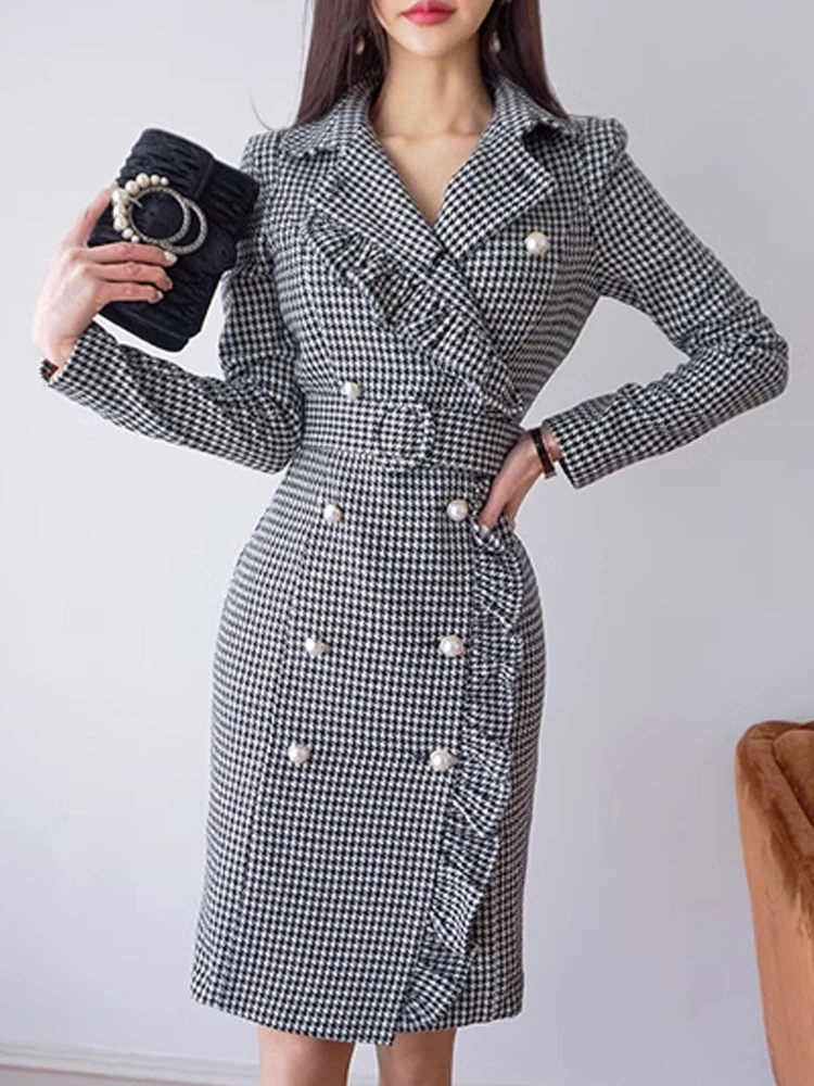 

Women's Elegant Midi Dress Woman Formal Vintage Bird Lattice Ruffles Belt Bodycon Robe Femme Business OL Vestidos Mujer Spring