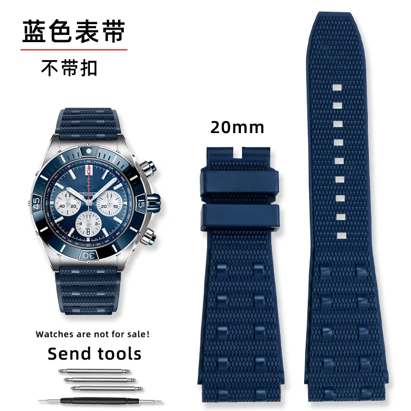 Premium Rubber Watch Strap - Durable Fluororubber in Black & Blue, 22mm/24mm