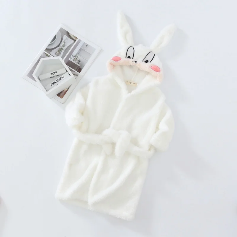 Fall Winter Kids Hooded Bathrobe Baby Bath Robes Boys Girls Cute Cartoon Rabbit Flannel Pajamas Toddler Long Sleeve Towel Robe