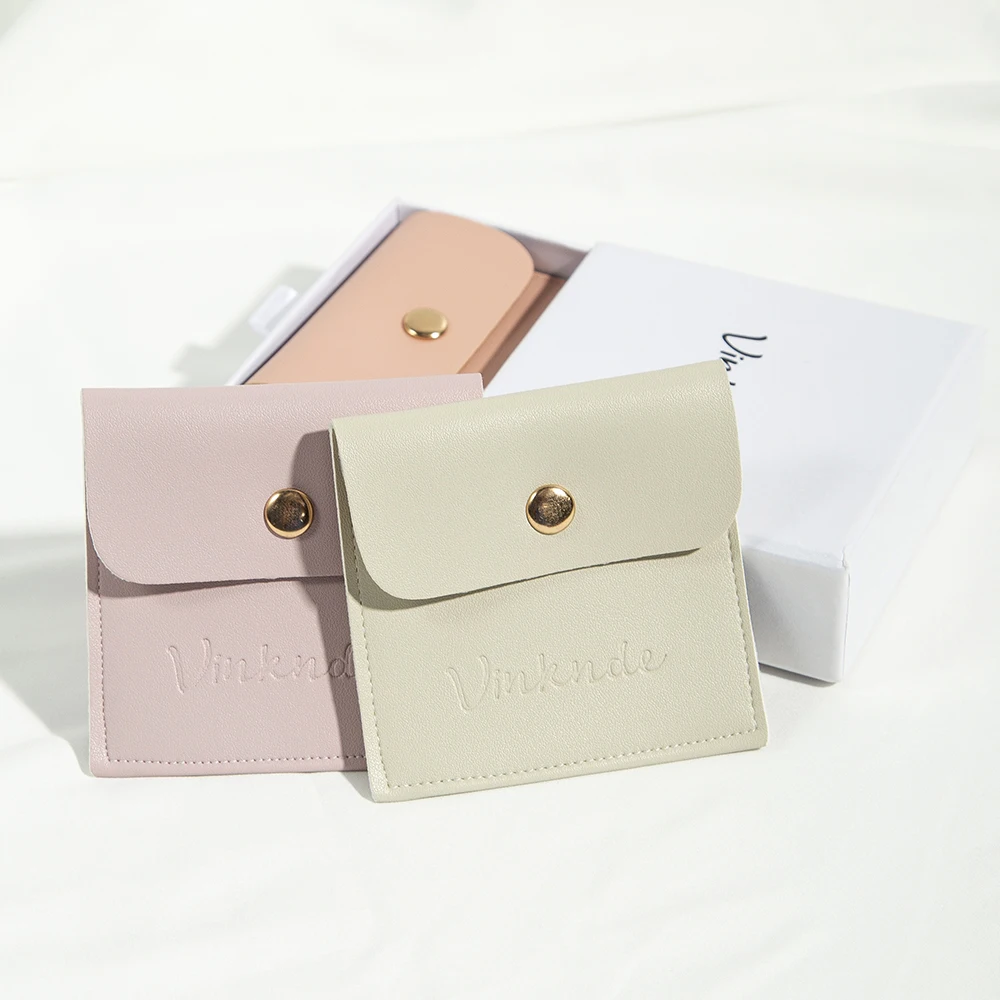 50/100Pcs PU Leather 8x8cm Jewelry Bag Snap Button Pouch for Ring Earring Necklace Wedding Favors Gift Organizer Can Custom Logo