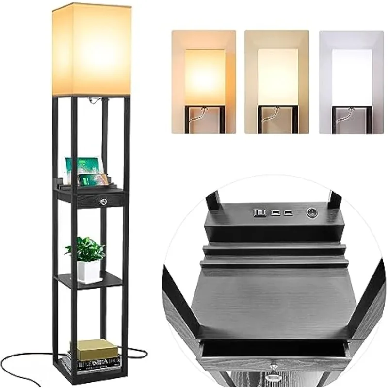 

Shelf Floor Lamps,Tall Standing Lamp with Shelves and Drawer,2 USB Charging Ports & Power Outlet,Bright 3CCT LED Bulb Included
