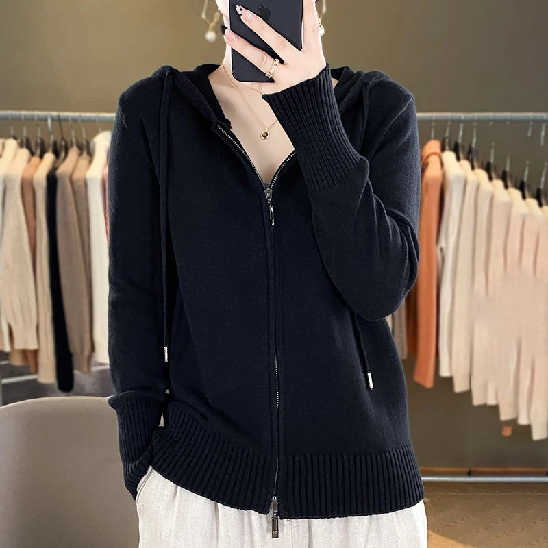 Classic hoodie Women Knitwear 100% All cotton Cardigan Fashion Sweater Long sleeves Double Zipper Style Thick Warm Basics Tops 6