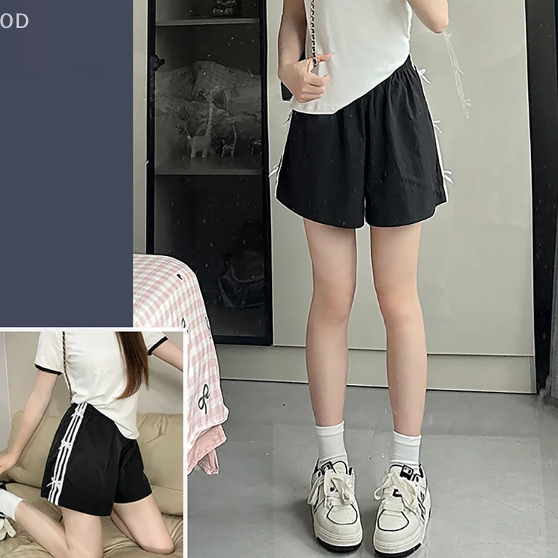 Sports Shorts Women Summer High Waist Casual Loose Straight Pants Striped Bow Wide Leg Pants