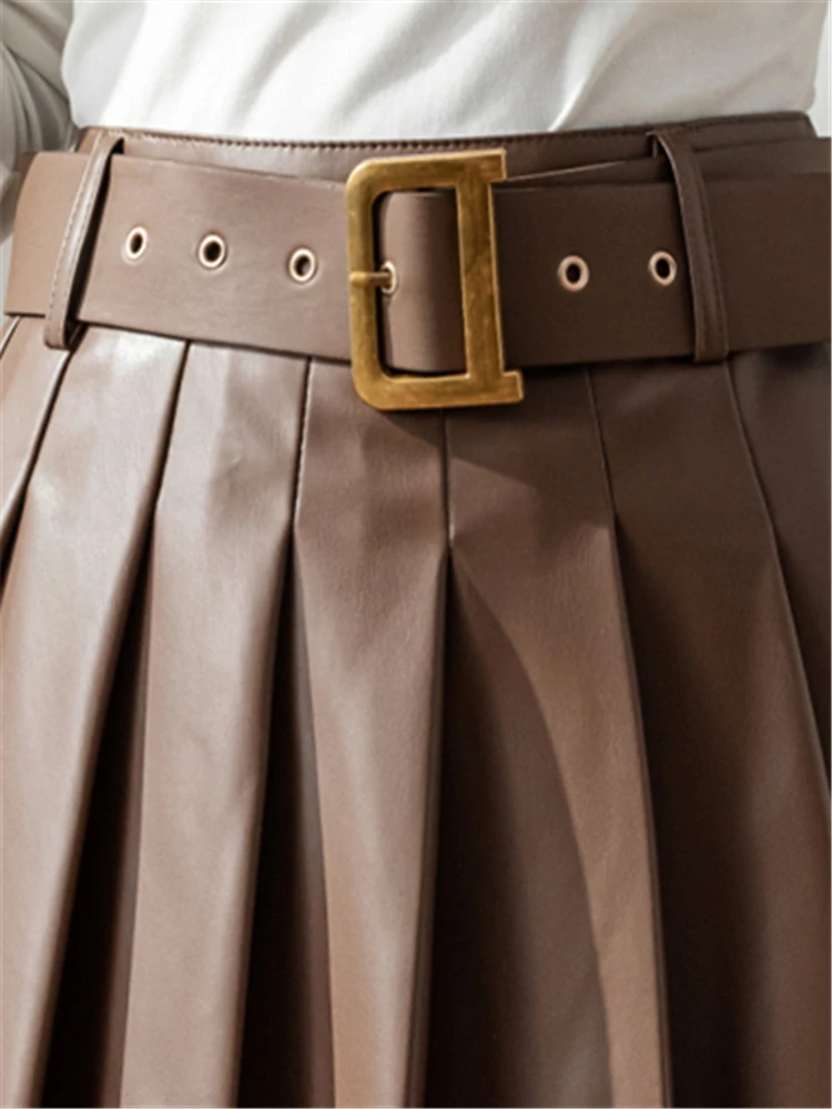 Realeft Women Pu Leather Skirts With Belt 2022 Autumn Winter