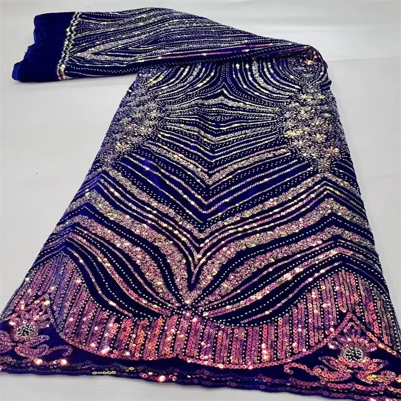 

Luxury Velvet Lace Fabric 5 Yards Dubai Hand Beaded Tulle Lace Fabric Embroidered Sequins African Nigerian Fabric For Sewing
