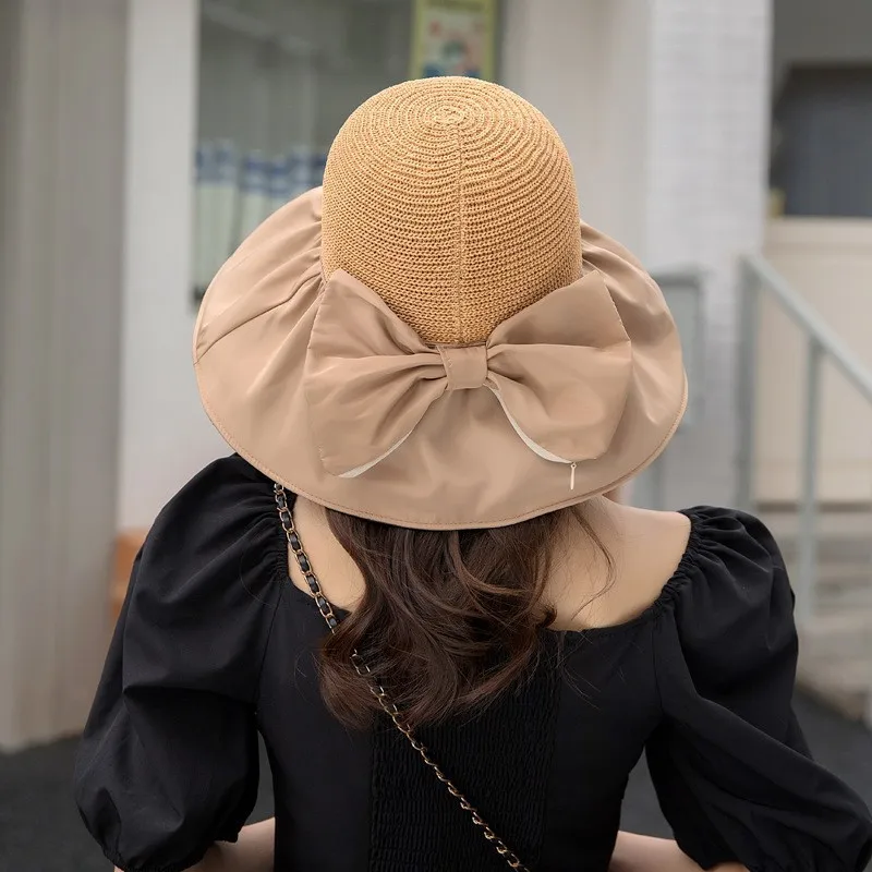 

Sun Hat Women's New Summer Fashion Senior Sense Large Eave Vinyl Fisherman's Hat Bow Cover Face Storage Bag Sunblock Visor Hat