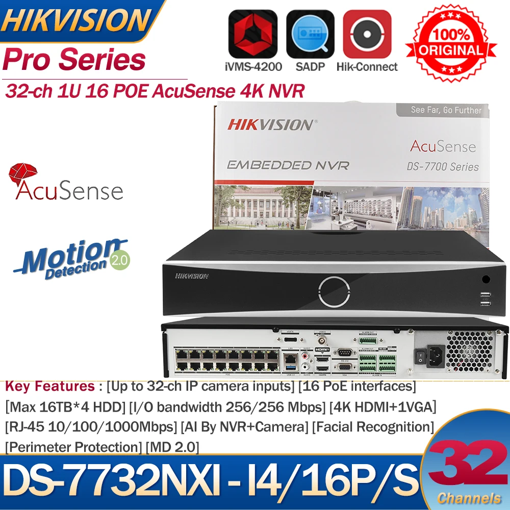 Hikvision NVR 32 CH 1U 16 POE AcuSense 4K NVR DS-7732NXI-I4/16P/S