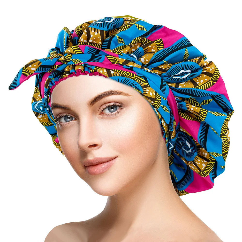 

Large Size African Print Satin Bonnet with Long Ribbon Wrap Double Layer Headwrap Ankara Pattern Women Hair Cover Hair Wrap Cap