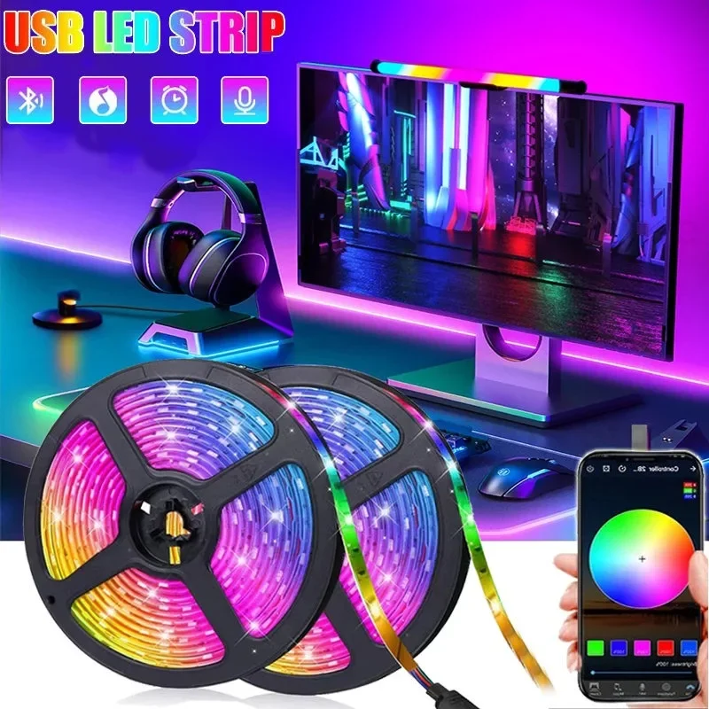 Bluetooth LED Strip Light 5050 5V USB RGB Lights Flexible LED Lamp Tape Ribbon Neon Self-adhesive TV Desktop Diode for Christmas