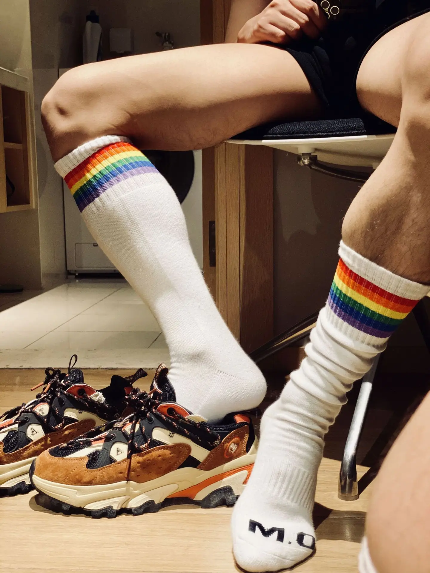Fashion White Rainbow Top Vers Bottom Party Sock Gay Sexy Men Sports Long Tube Streetwear