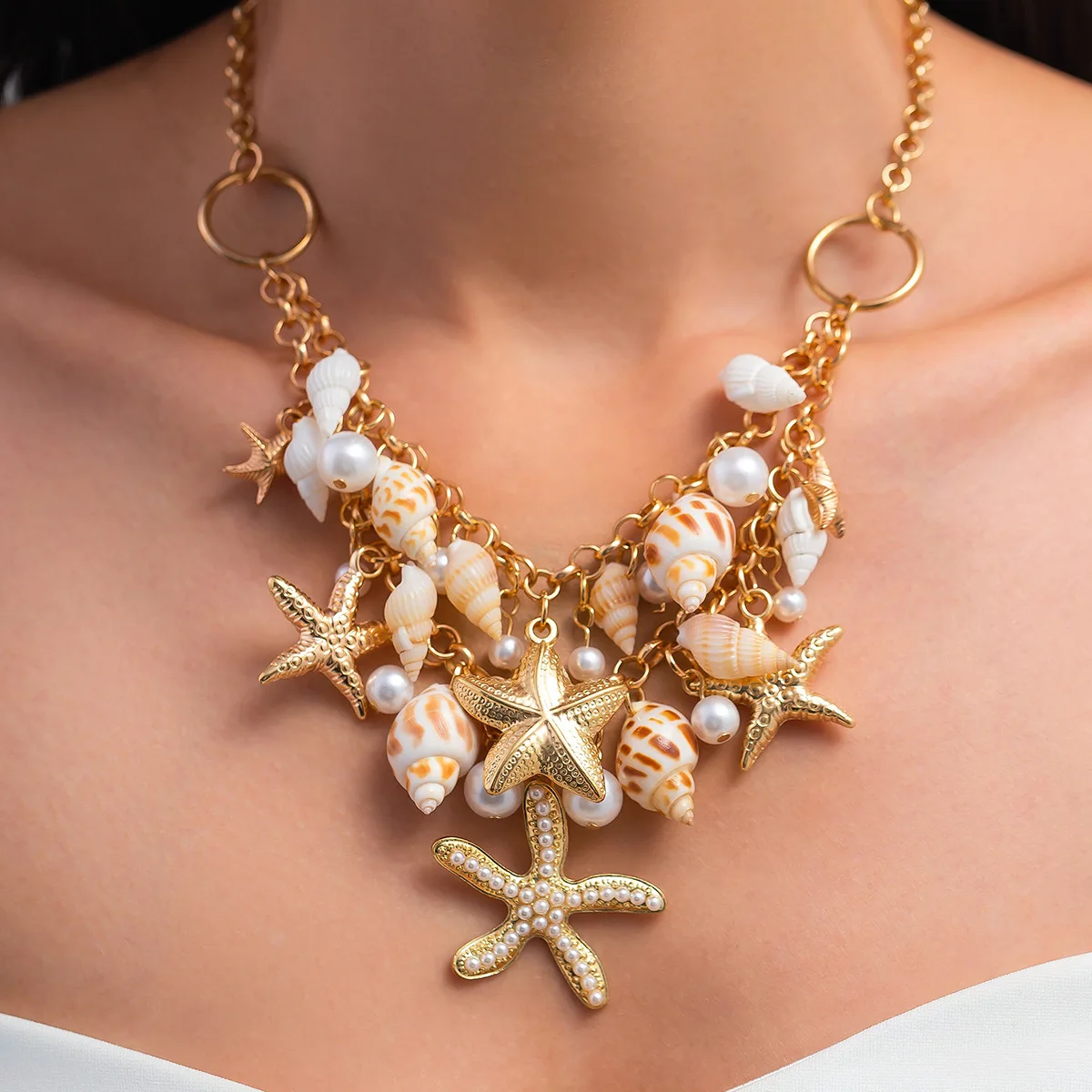 Bohemia Handmade Natural Conch Shell Starfish Metal Chain Necklace for Women Pearl Shells Sea Snail Pendant Choker Beach Jewelry