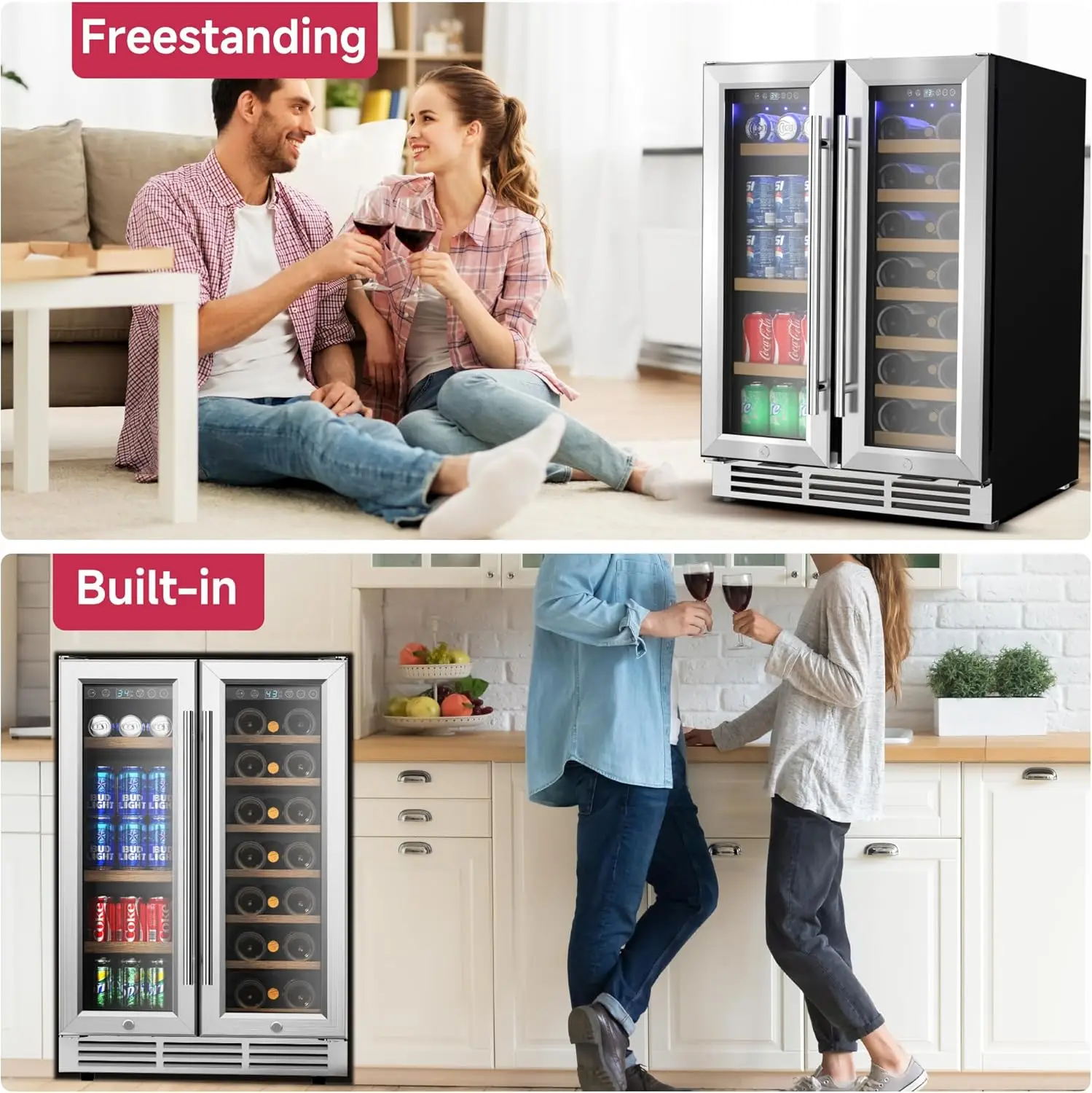 Beverage Refrigerator, Dual Zone Wine Cooler with Glass Door, Hold 88 Cans & 21 Bottles, Built in or Freestanding Under Counter 6