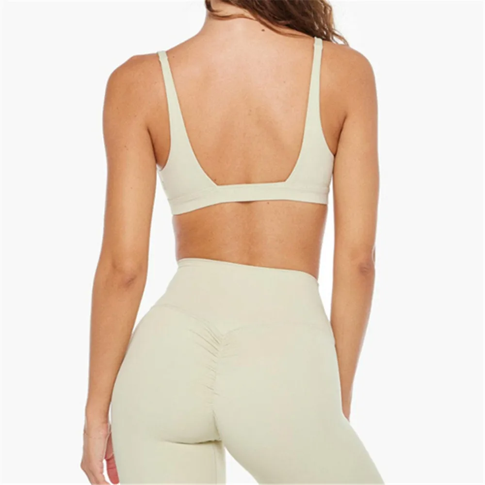2025 1/2PCS Nude Deep VNeck Sport Bra Women Yoga Sets Workout Gym Scrunch High Waist Fitness Push Up Shorts Running Avtive Suits