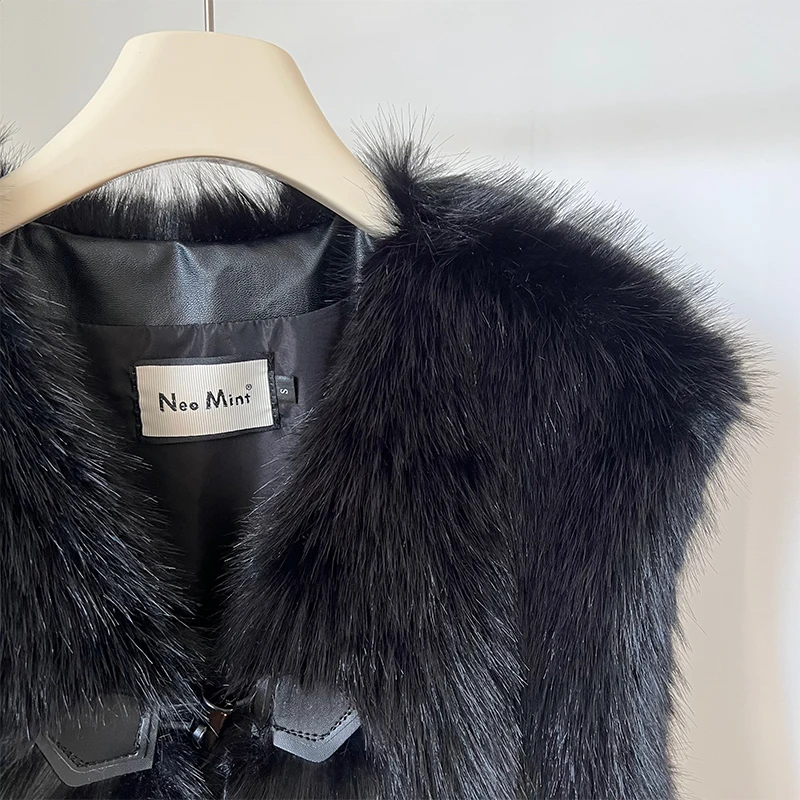 Brand Horn Buttons Long Faux Mink Fur Vest Tops Women Winter Sleeveless Overcoats Luxury Ladies Shaggy Waistcoat Gilets Casaco