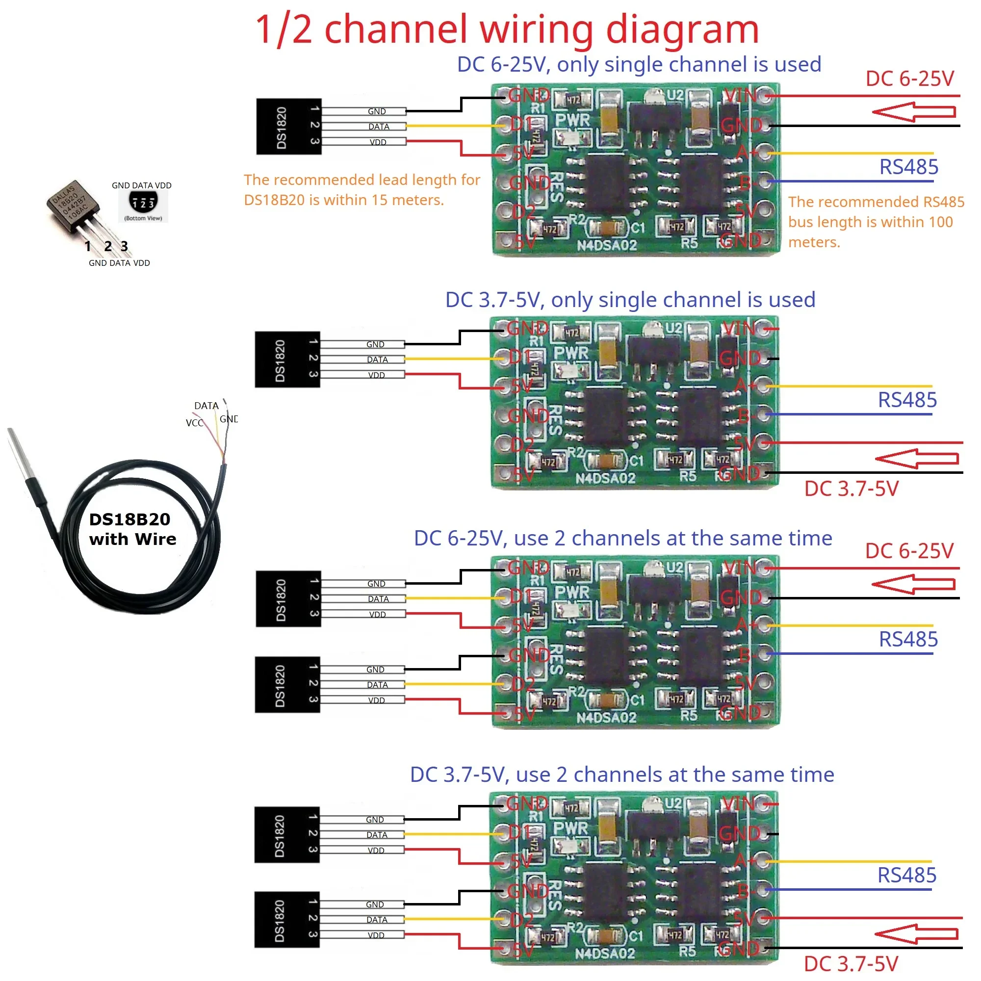 2ch rs485 digital temperature collector ds18b20 sensor dc 5v 12v 24v